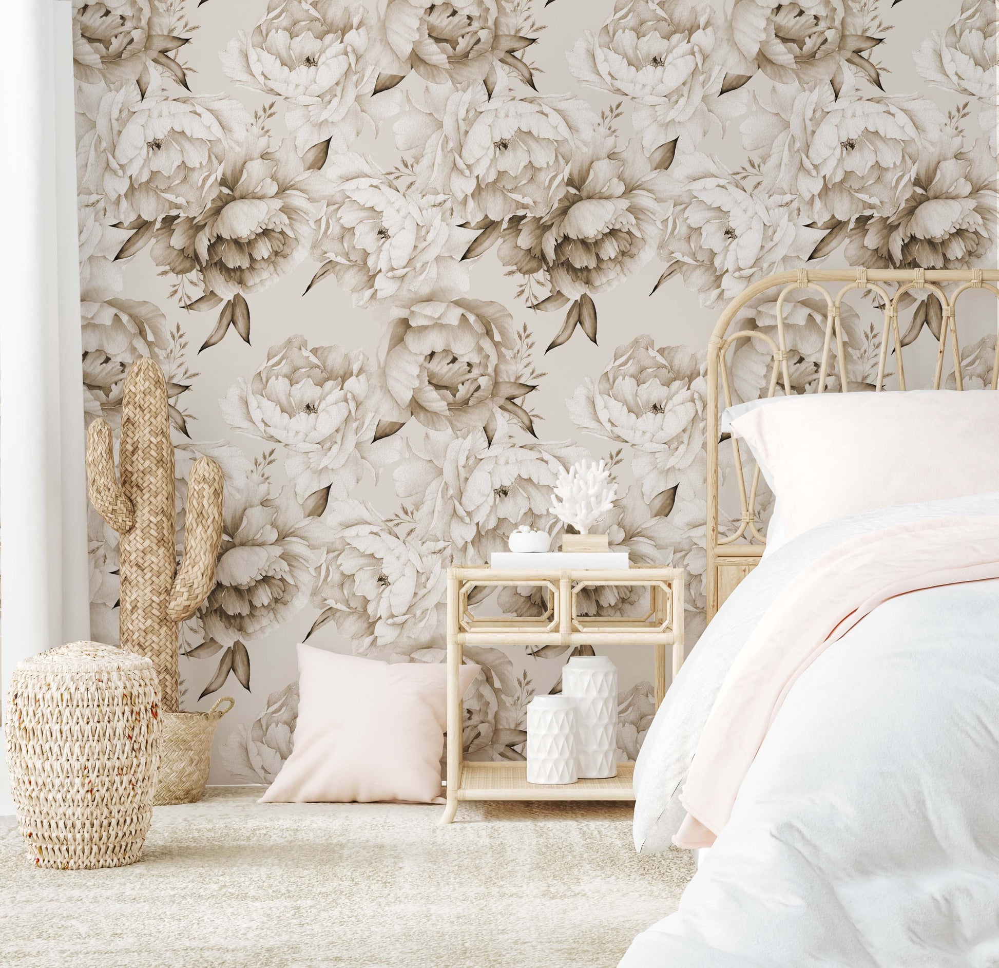 cat-616983200072 Bright boho bedroom featuring beige peony watercolor wallpaper, a rattan headboard and nightstand, and soft neutral textiles.