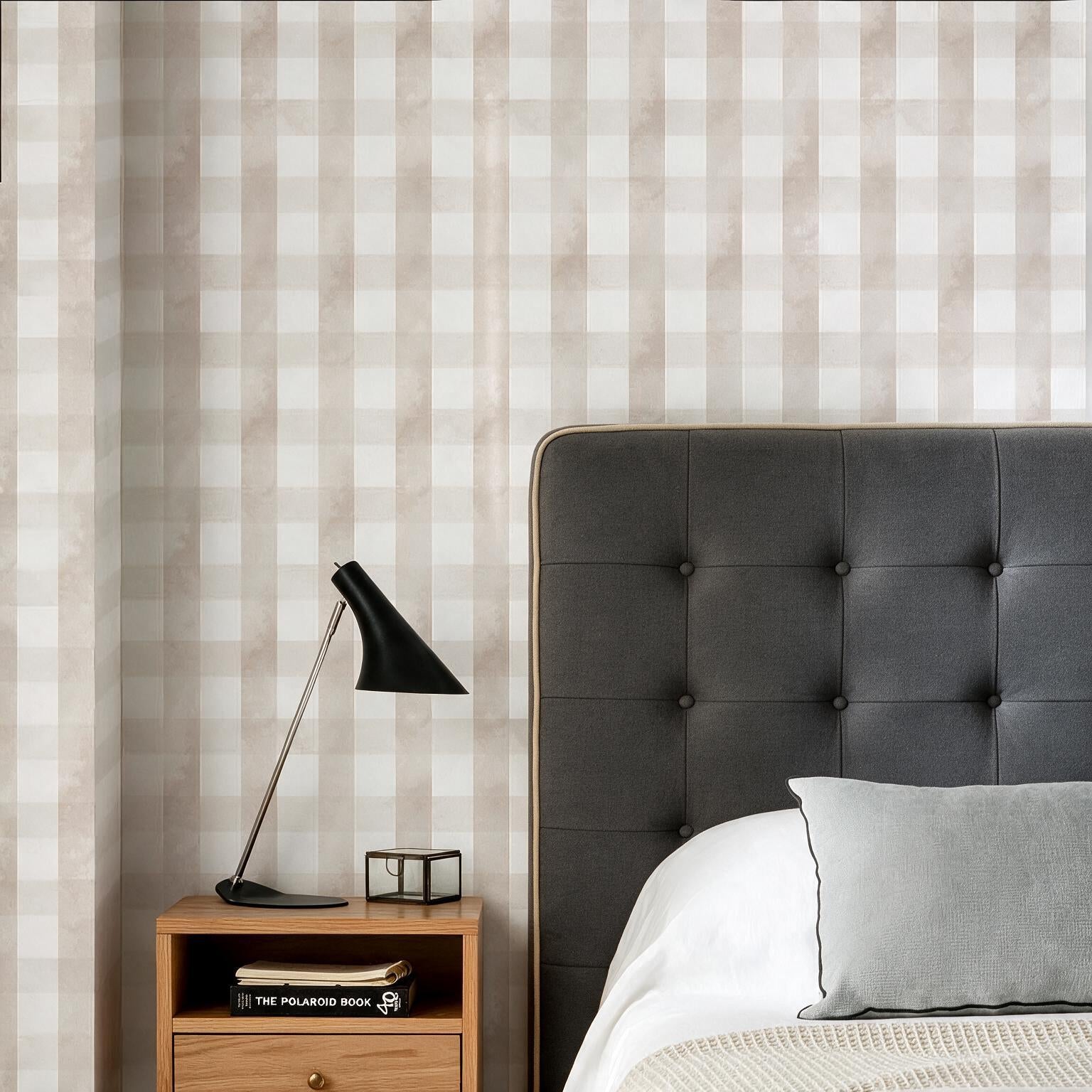 cat-616983200072 Beige gingham check watercolor wallpaper for a classic bedroom