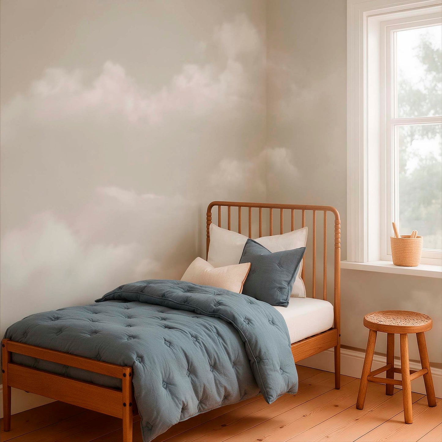 cat-661212758344 Beige sky and clouds wallpaper mural in a children's bedroom with wooden bed, blue bedding and natural wood stool