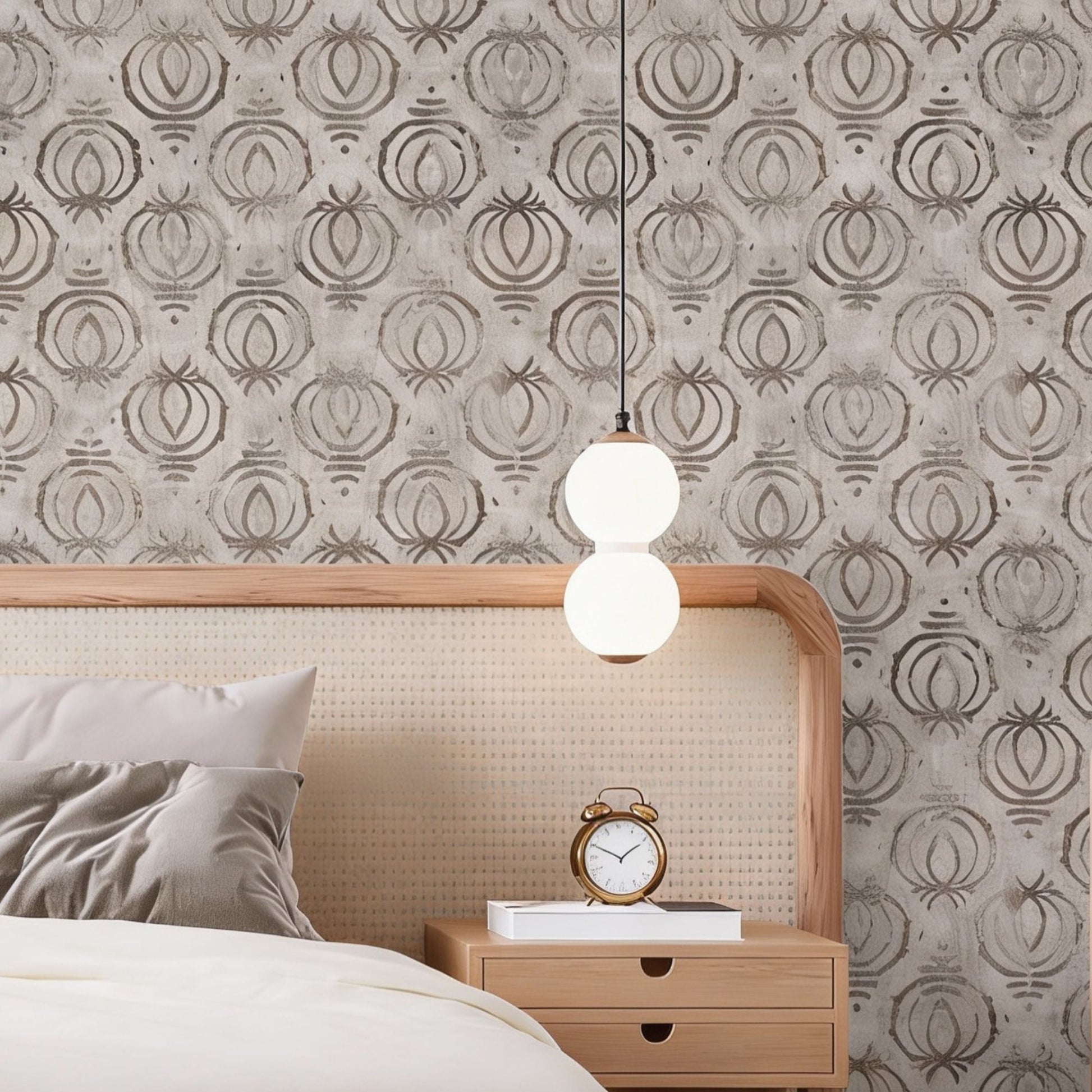 cat-616983200072 Modern boho bedroom featuring beige tribal wallpaper with a linen texture, styled with a rattan headboard, light wood nightstand, and a stylish double globe pendant light.