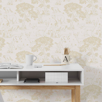 cat-610804433224 Bright home office featuring beige woodland animals Toile wallpaper, a modern white desk with wooden legs, and minimalist desk accessories.