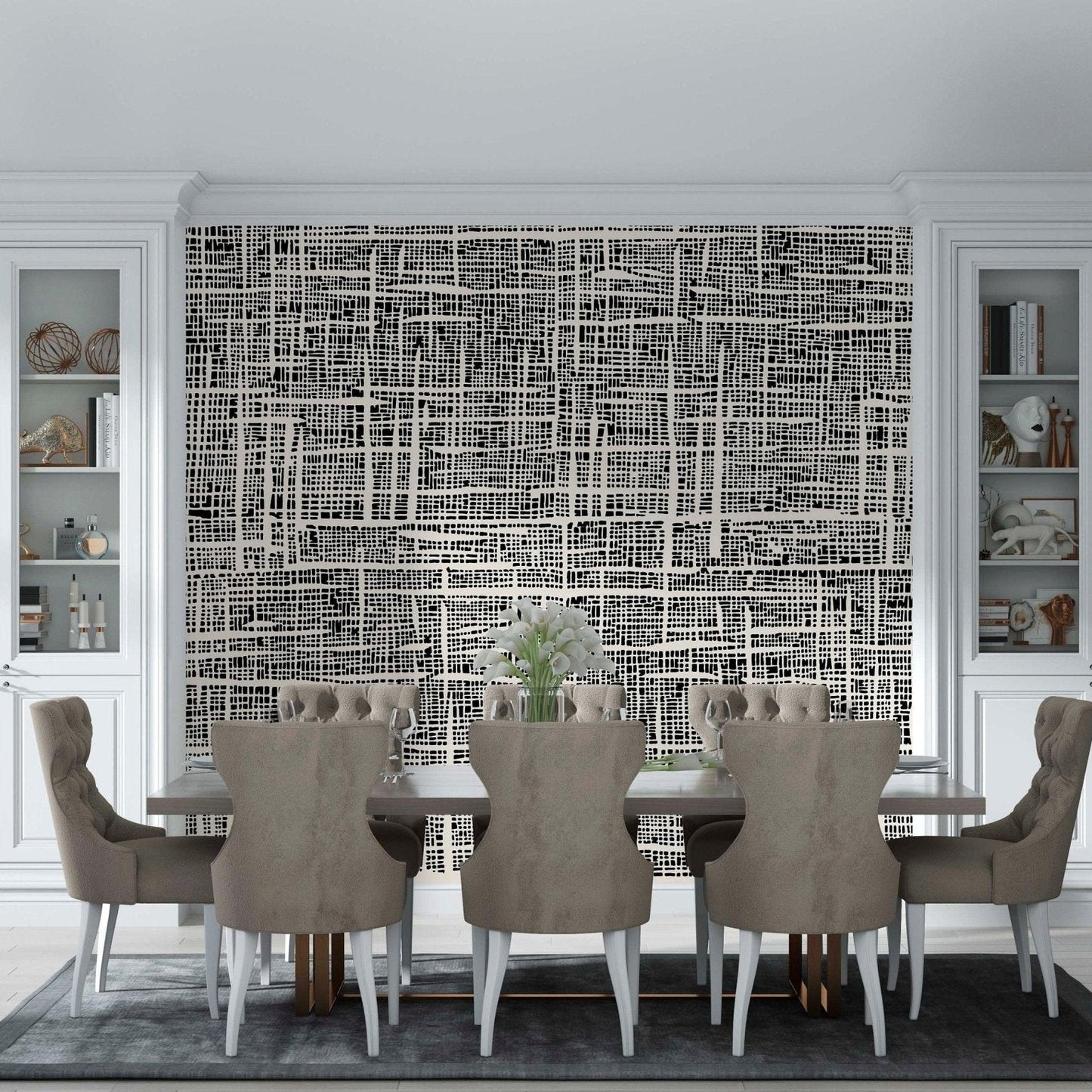 Black and beige Plaid wallpaper mural as a backdrop of a classic dining room