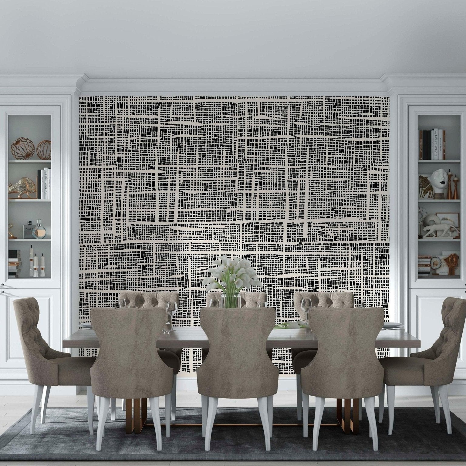 Black and beige Plaid wallpaper mural as a backdrop of a classic dining room