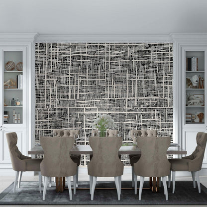 Black and beige Plaid wallpaper mural as a backdrop of a classic dining room