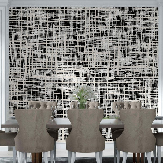 cat-610512830792 Black and beige Plaid wallpaper mural as a backdrop of a classic dining room