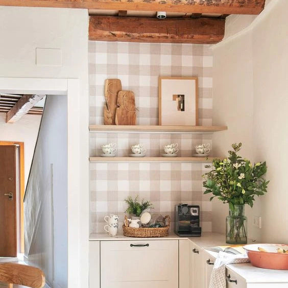 cat-615198490952 beige_checkered_wallpaper_in_farmhouse_kitchen