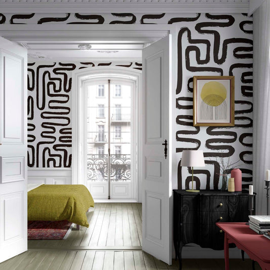 cat-616983200072 Classical and Modern room featuring black and white maze pattern wallpaper with thick organic brushstrokes on a bedroom and hallway wall.
