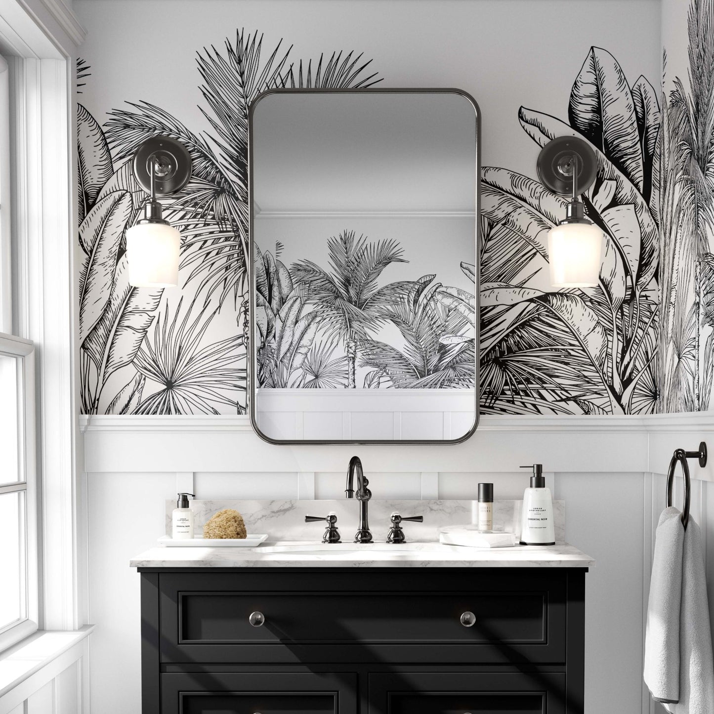 cat-610804236616 Black and white tropical leaves wallpaper mural for a bathroom accent wall