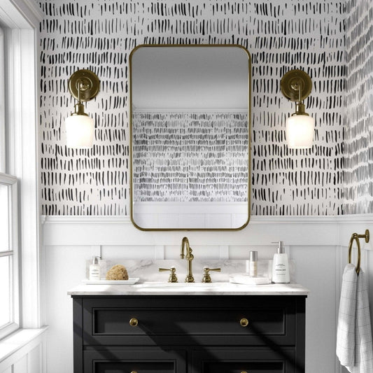 A black and white abstract wallpaper with irregular vertical strokes wallpaper for a perfect bathroom decor