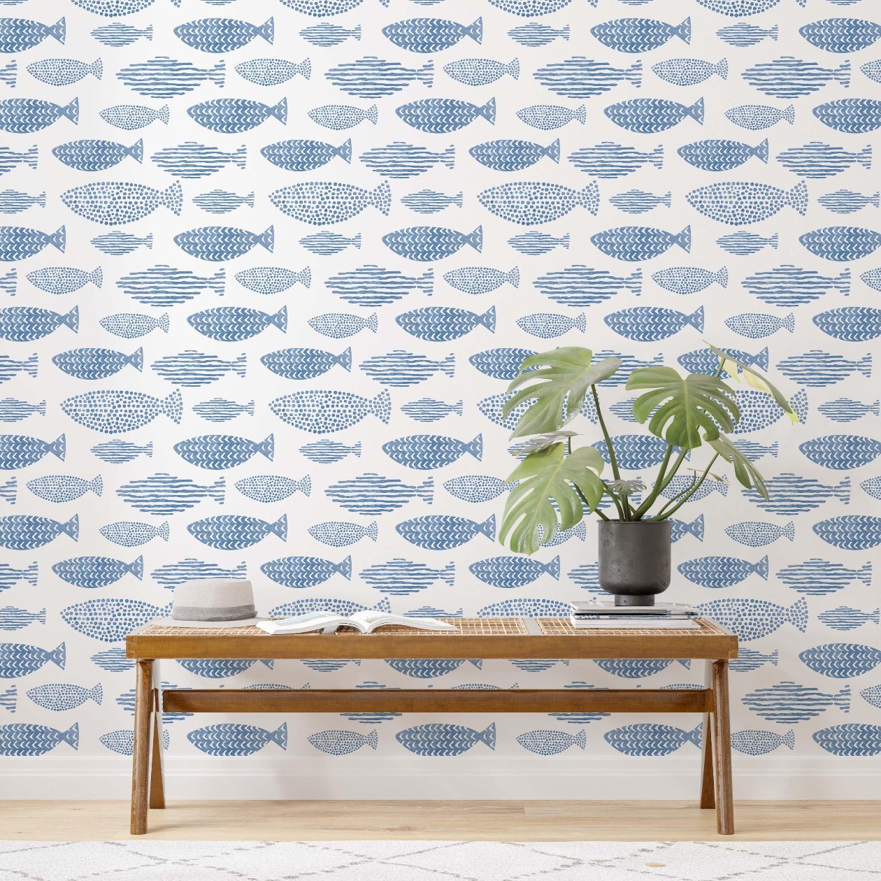 Adorning a mudroom with charming wallpaper showcasing blue fish.