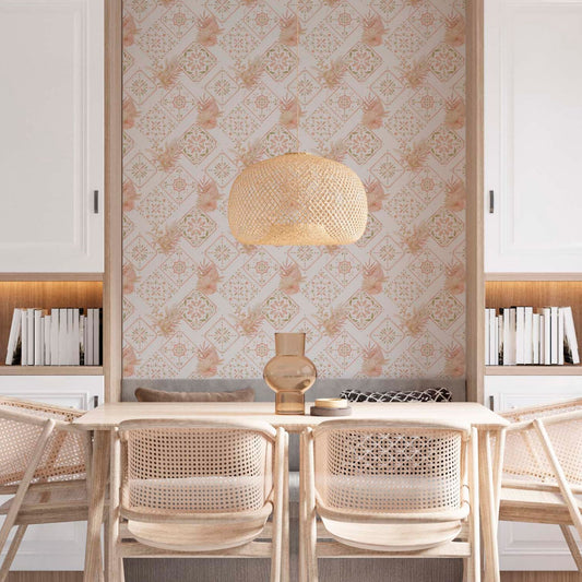 cat-659356549448   Modern dining room with four woven rattan chairs around a light wood table, featuring a large wicker pendant light and a wall with geometric floral pattern wallpaper in pink and beige.