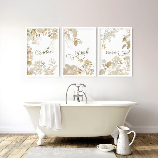 Bathroom pictures framed | Set of 3 Botanical Gold wall art prints