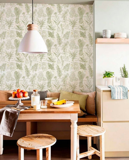 cozy breakfast room nook with a green and white herbs wallpaper