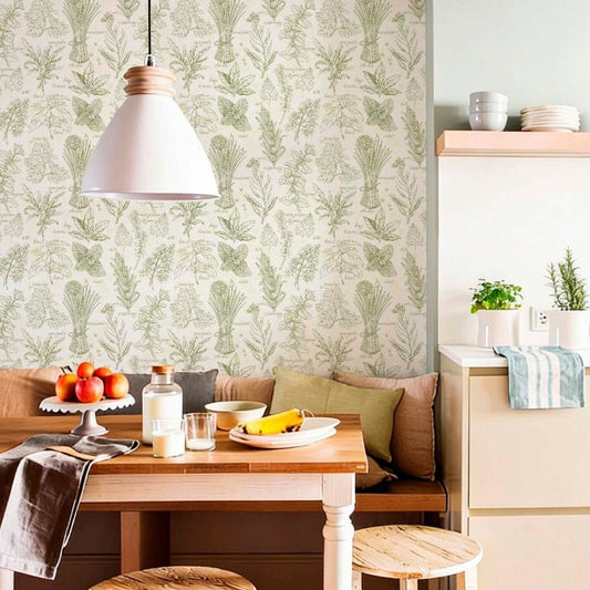 cat-659356549448 cozy breakfast room nook with a green and white herbs wallpaper