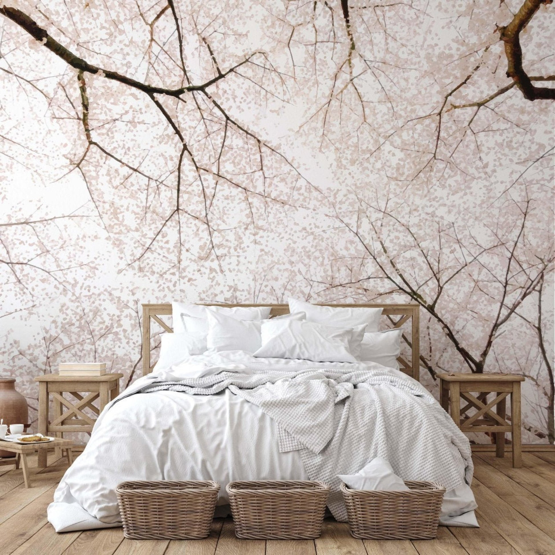 Cherry blossom wall mural with delicate sakura branches decorating a calm Japandi style bedroom.