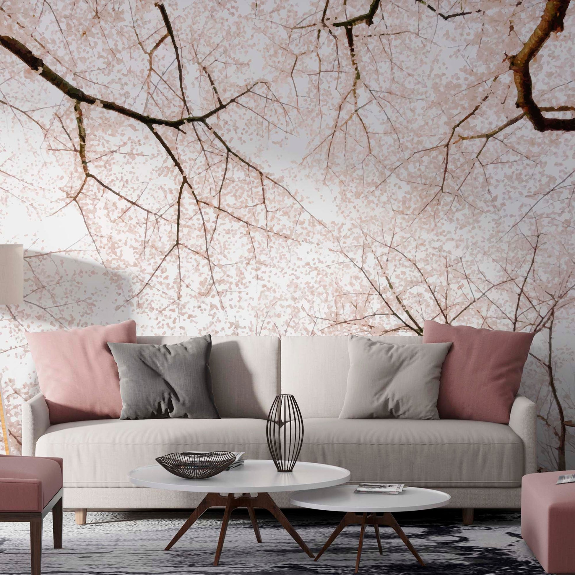 Cherry blossom wall mural with soft pink sakura branches in a modern Japandi style living room.