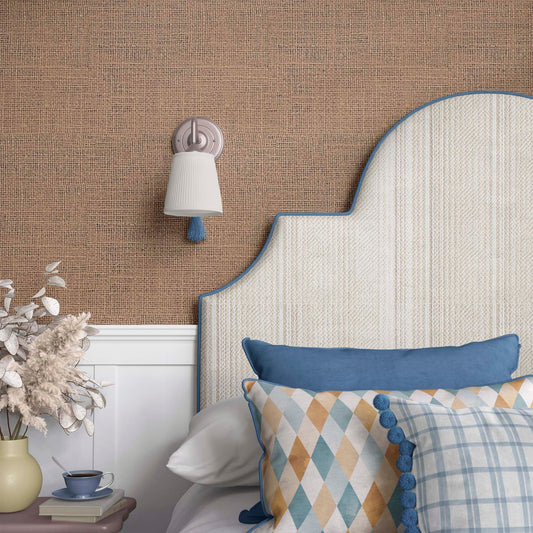 cat-616983200072 Beige faux grasscloth wallpaper with woven texture as a backdrop in a  master bedroom