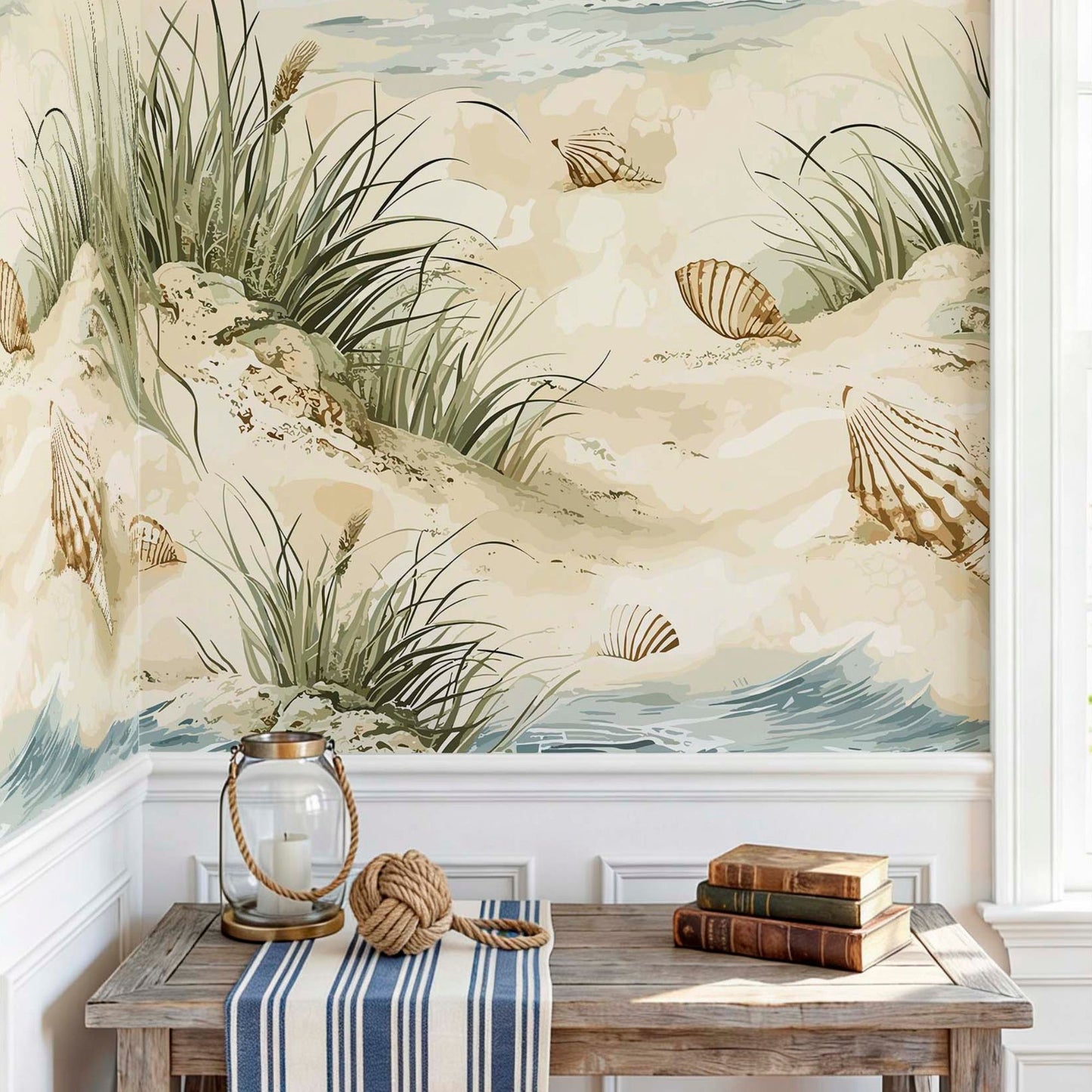 cat-610569683272 Nautical wallpaper mural with seashells and beach grass on a wall above a rustic wooden table with decorative coastal items.