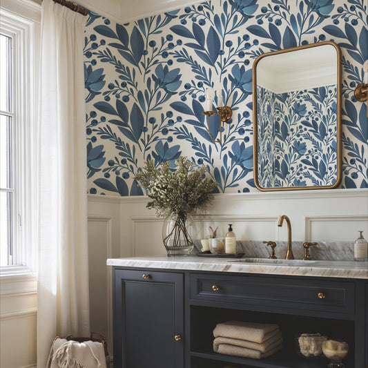 Dark blue floral botanical wallpaper mural in a bathroom, deep navy tones with white florals