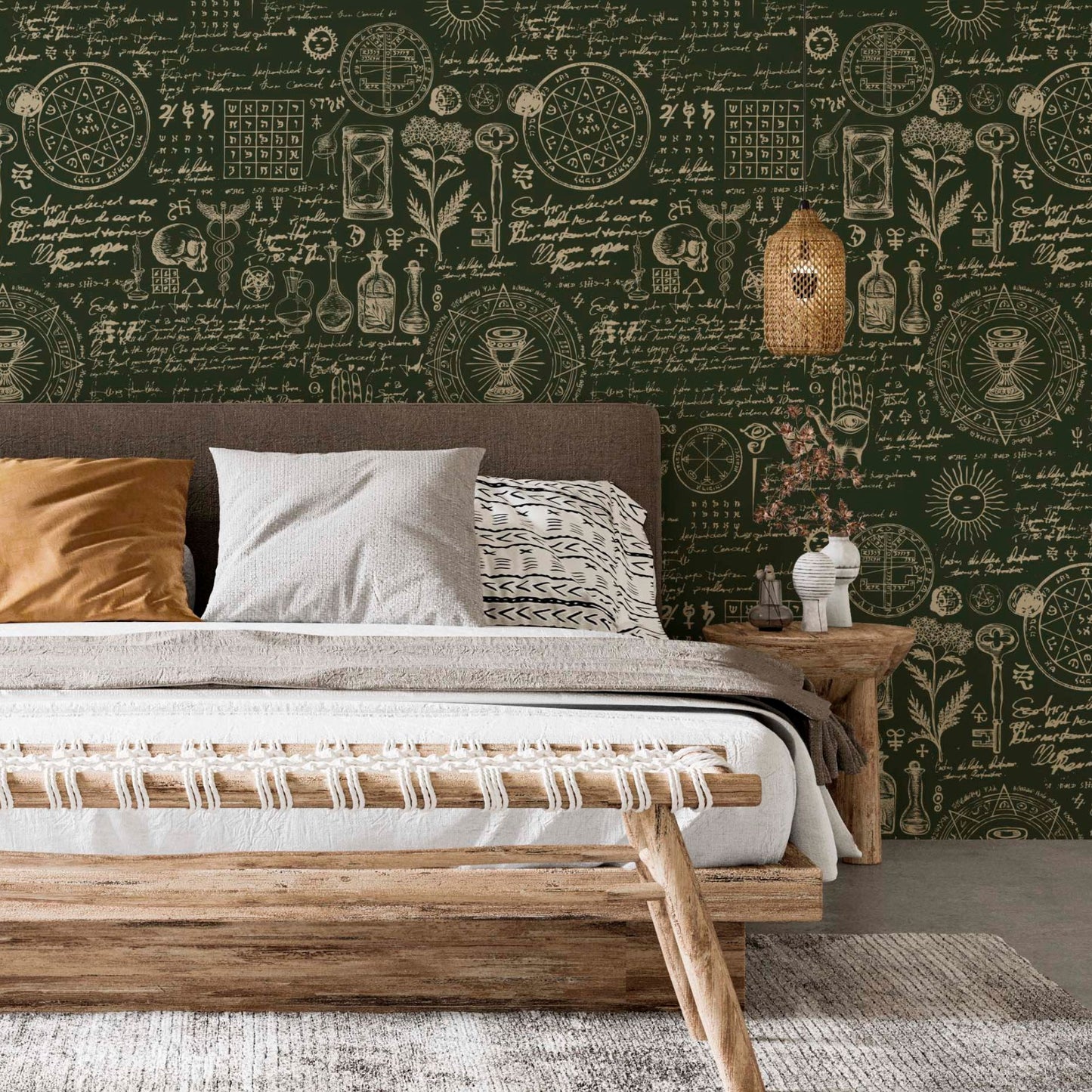 cat-616983200072 Bedroom featuring a dark green wallpaper with beige alchemy symbols and botanical sketches behind a bed with neutral-toned pillows