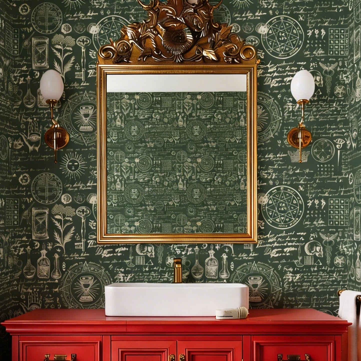 cat-610804236616 Dark green bathroom with vintage botanical and alchemy-themed wallpaper, a gold-framed mirror, and a red vanity.