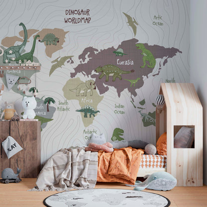  A cozy children's bedroom featuring a large "Dinosaur Worldmap" wall mural, a house-shaped wooden floor bed with orange and grey bedding, and a collection of plush animal toys and a whale-shaped rug.