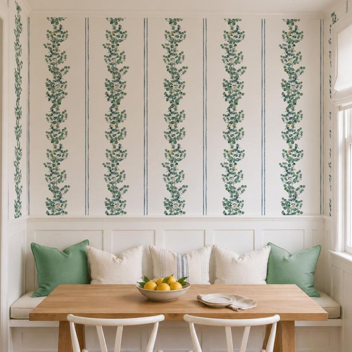 cat-659356549448 Green and white eucalyptus stripe wallpaper in a breakfast nook with a built-in banquette and cream wainscoting