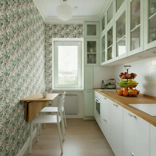 cat-615198490952 Bright, narrow kitchen featuring sage green and pink floral wallpaper, wooden countertops, white cabinets, and a wall-mounted folding table with two white chairs.
