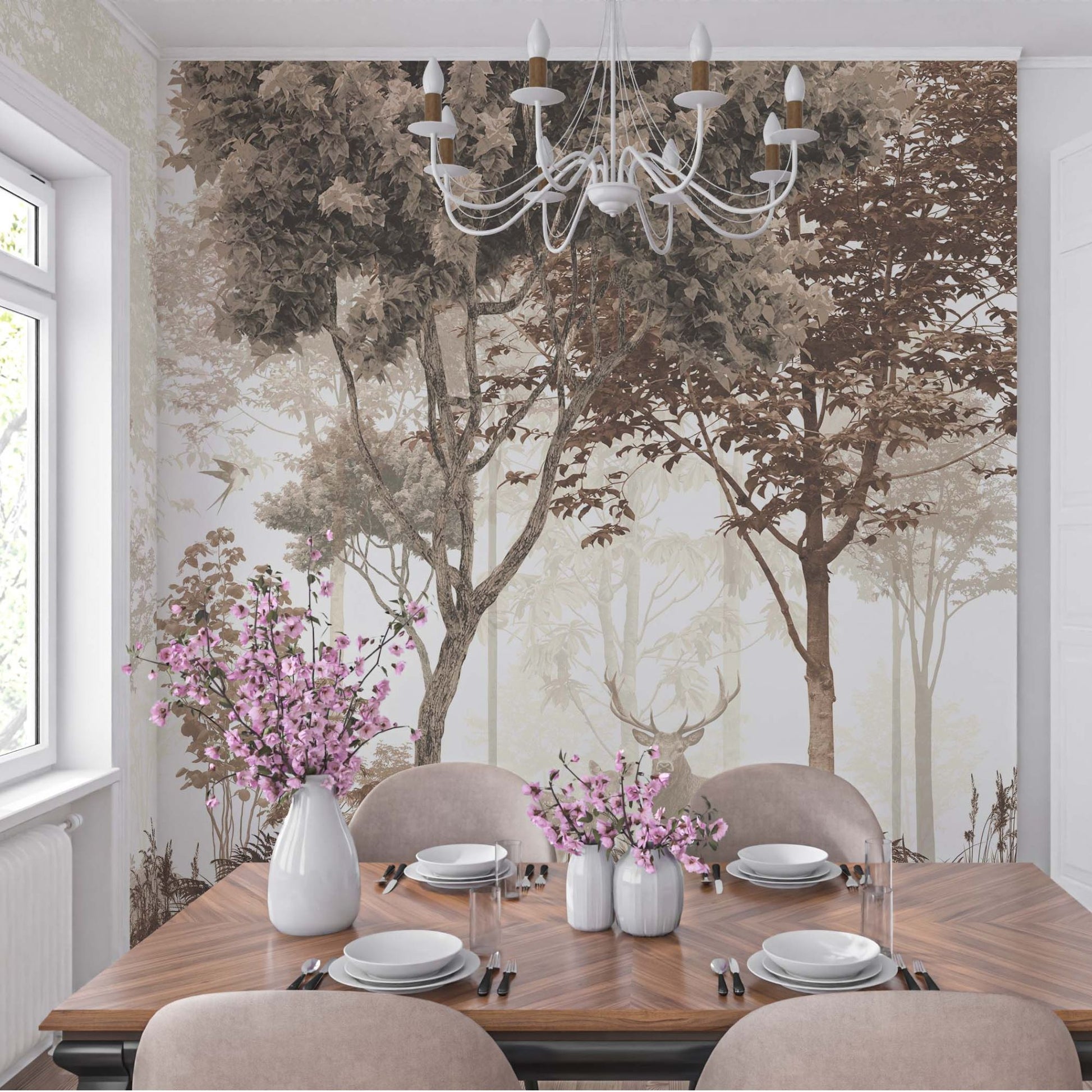 cat-610512830792 Dining room with enchanted forest wallpaper mural featuring misty trees and a deer, paired with a wooden table, taupe chairs, and a white chandelier
