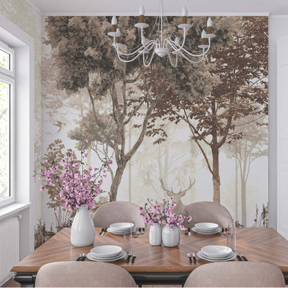 cat-610512830792 Dining room with enchanted forest wallpaper mural featuring misty trees and a deer, paired with a wooden table, taupe chairs, and a white chandelier