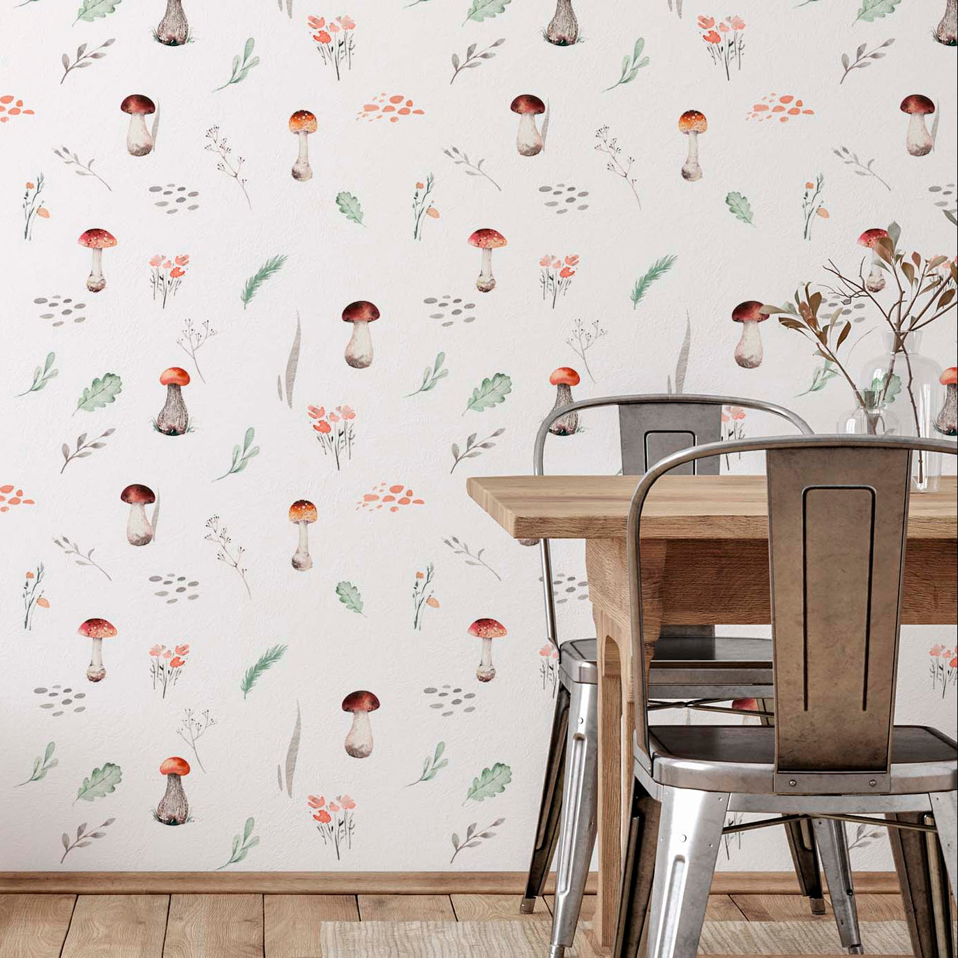cat- 659356549448 Dining room interior featuring watercolor mushroom wallpaper on a white background, paired with a wooden table, industrial metal chairs, and a wicker basket on oak flooring.