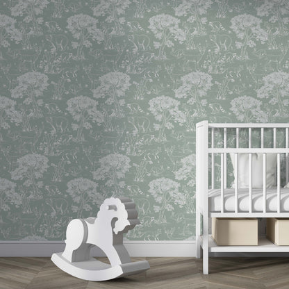 forest animals wallpaper in a nursery room