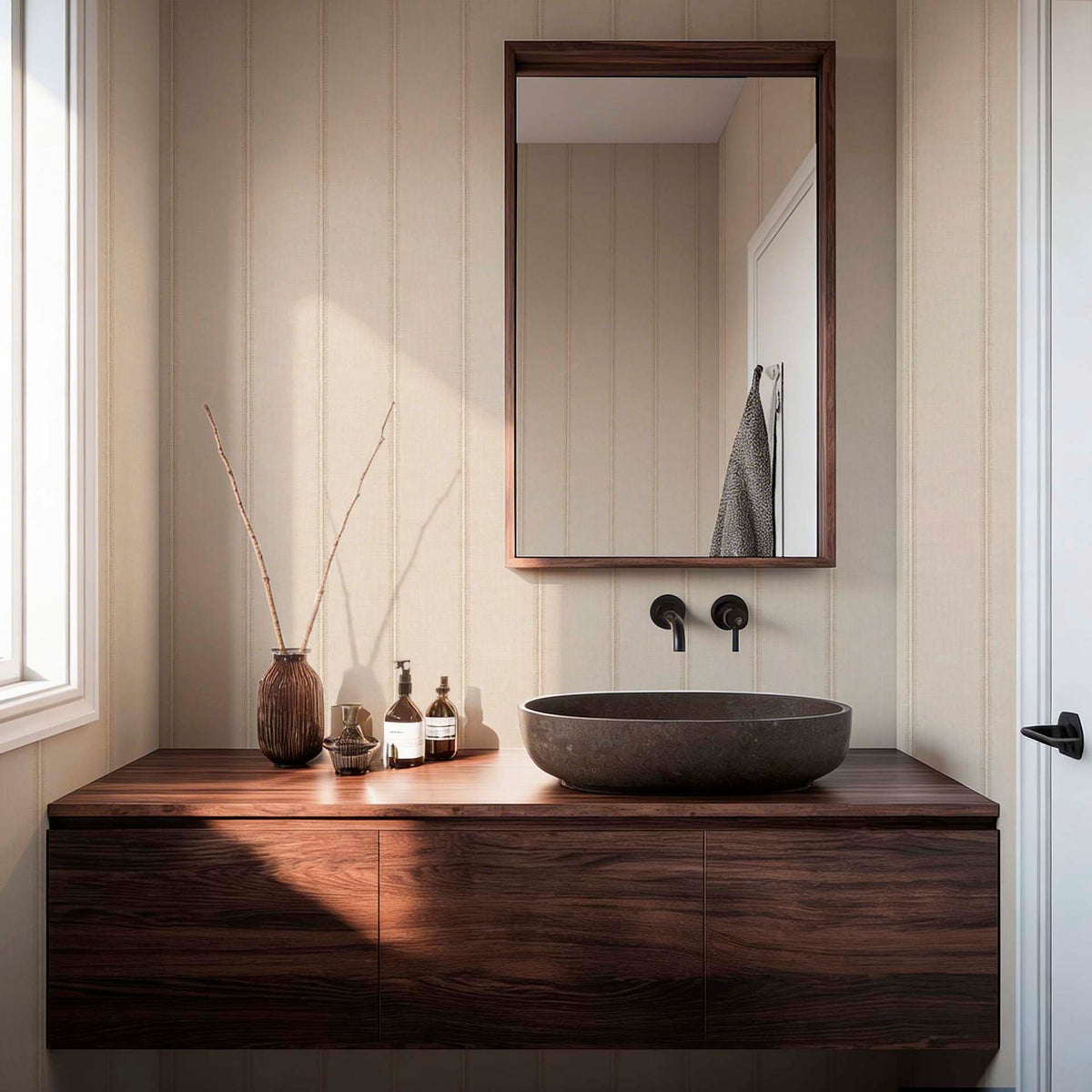 Bathroom with French Linen Stripe wallpaper, walnut vanity and stone vessel sink