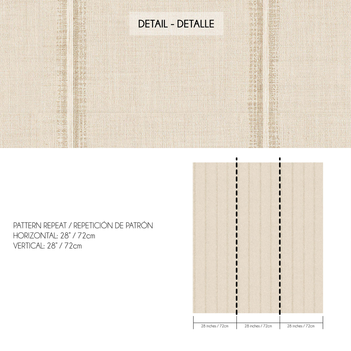 French Linen Stripe wallpaper pattern size and close-up, beige linen texture with subtle oat and cream stripes