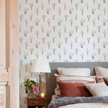 cat-616983200072 Bedroom with winter trees wallpaper in grey and white, neutral and minimal style.