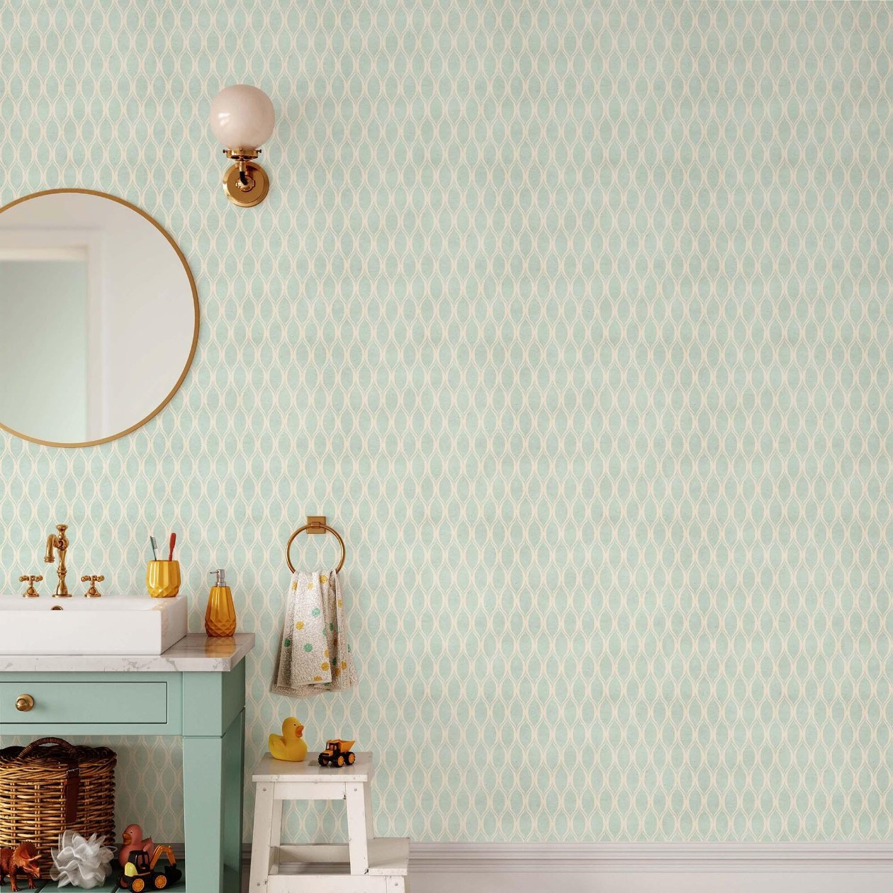 A modern bathroom showcasing vibrant green and white wallpaper, contributing to a serene and refreshing environment.