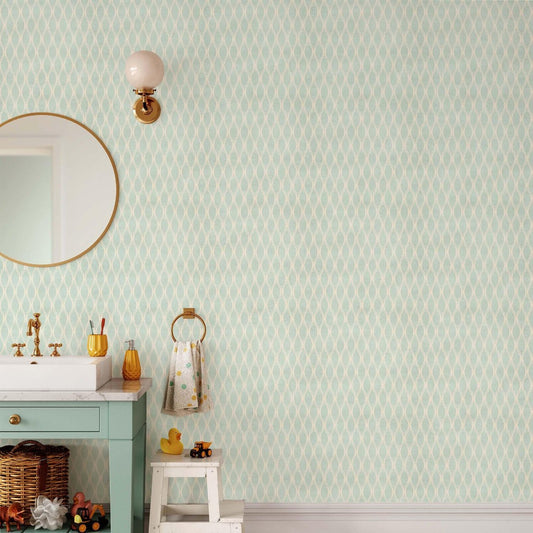 A modern bathroom showcasing vibrant green and white wallpaper, contributing to a serene and refreshing environment.