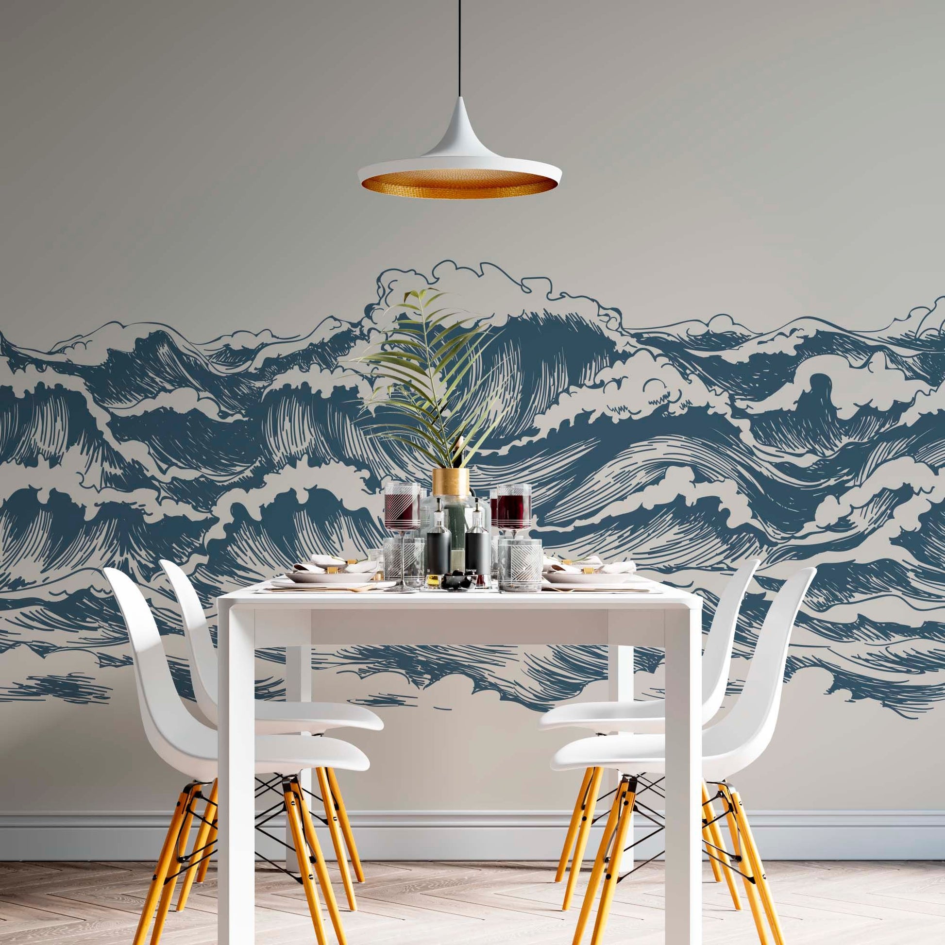 cat-610512830792 Great Wave wallpaper mural in a modern dining room with blue graphic waves on grey background, white Eames chairs and pendant light