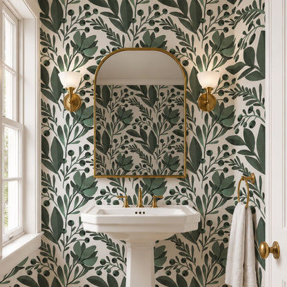 Sage green floral botanical wallpaper mural in a bathroom, deep green tones with white florals