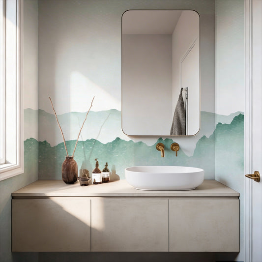 cat-610804236616 Decorative green watercolor ombre mist wallpaper mural on a bathroom wall with a modern white vessel sink, brushed gold faucet, and a rounded rectangle mirror.