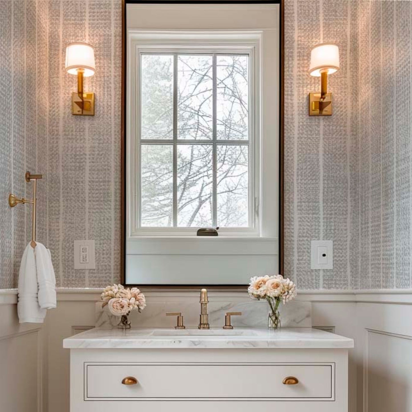 cat-610804236616 Elegant bathroom featuring grey textured grasscloth wallpaper above white wainscoting, with a marble vanity and brass wall sconces.