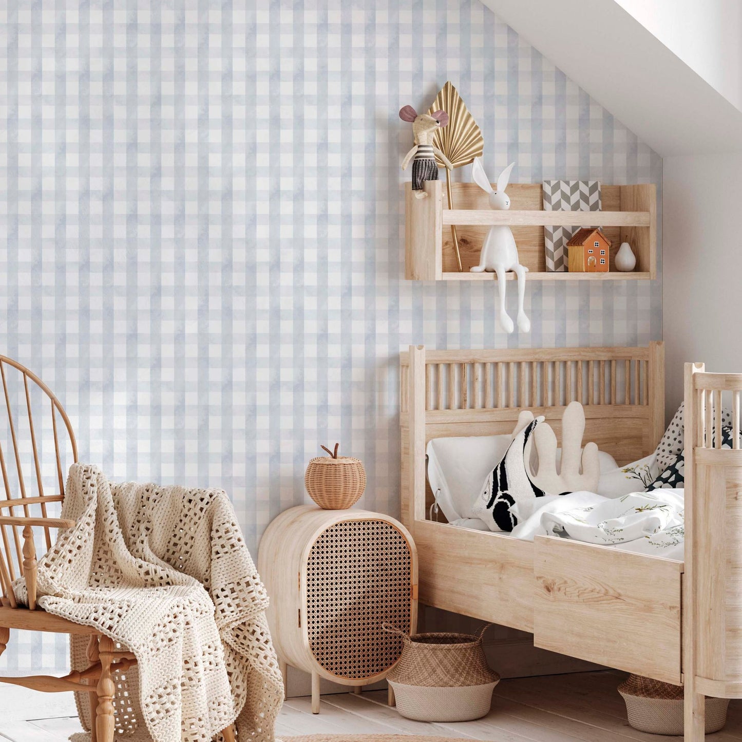 A cozy child's bedroom adorned with white and grey checkered vicky wallpaper, enhancing the playful decor.