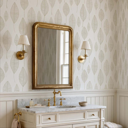 Small bathroom featuring Hand Drawn Leaves wallpaper, illustrating how a light botanical pattern can make a compact room feel more spacious.