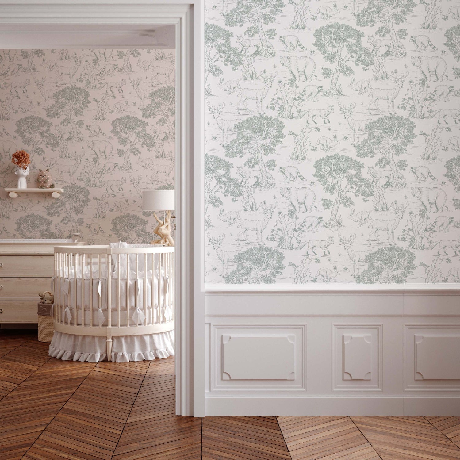 classic nursry bedroom with a toile wallpaper