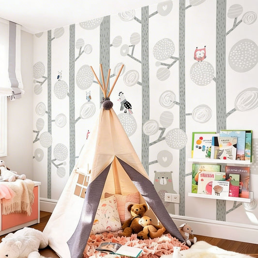 Happy Forest illustrated woodland mural in a children's playroom with tipi tent and pink accents