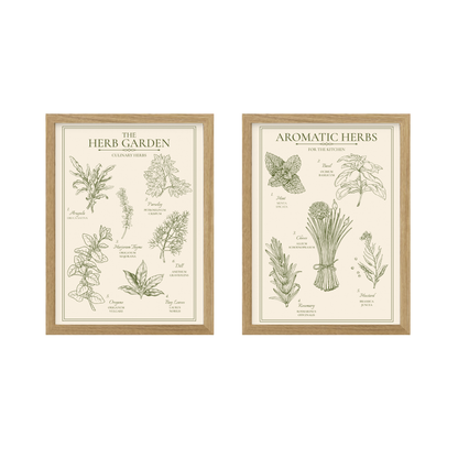 Herb Garden and Aromatic Herbs print set of 2 in light wood frames
