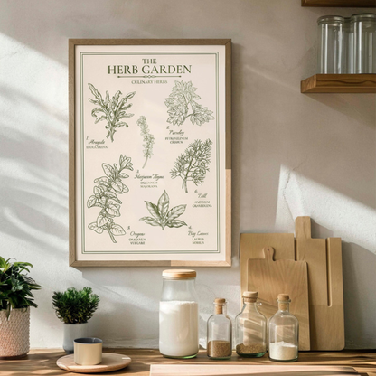Framed Herb Garden botanical print above a wooden kitchen counter