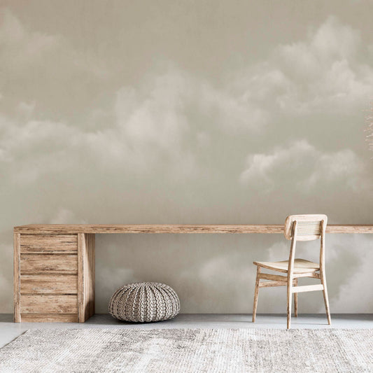 cat-660961526088 An inviting room with a wooden desk and a stunning mural of clouds adorning the wall.