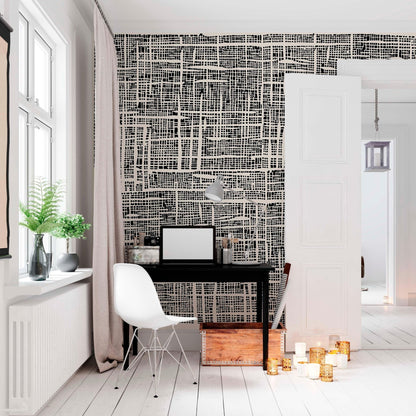 Black and beige Plaid wallpaper for and office decor