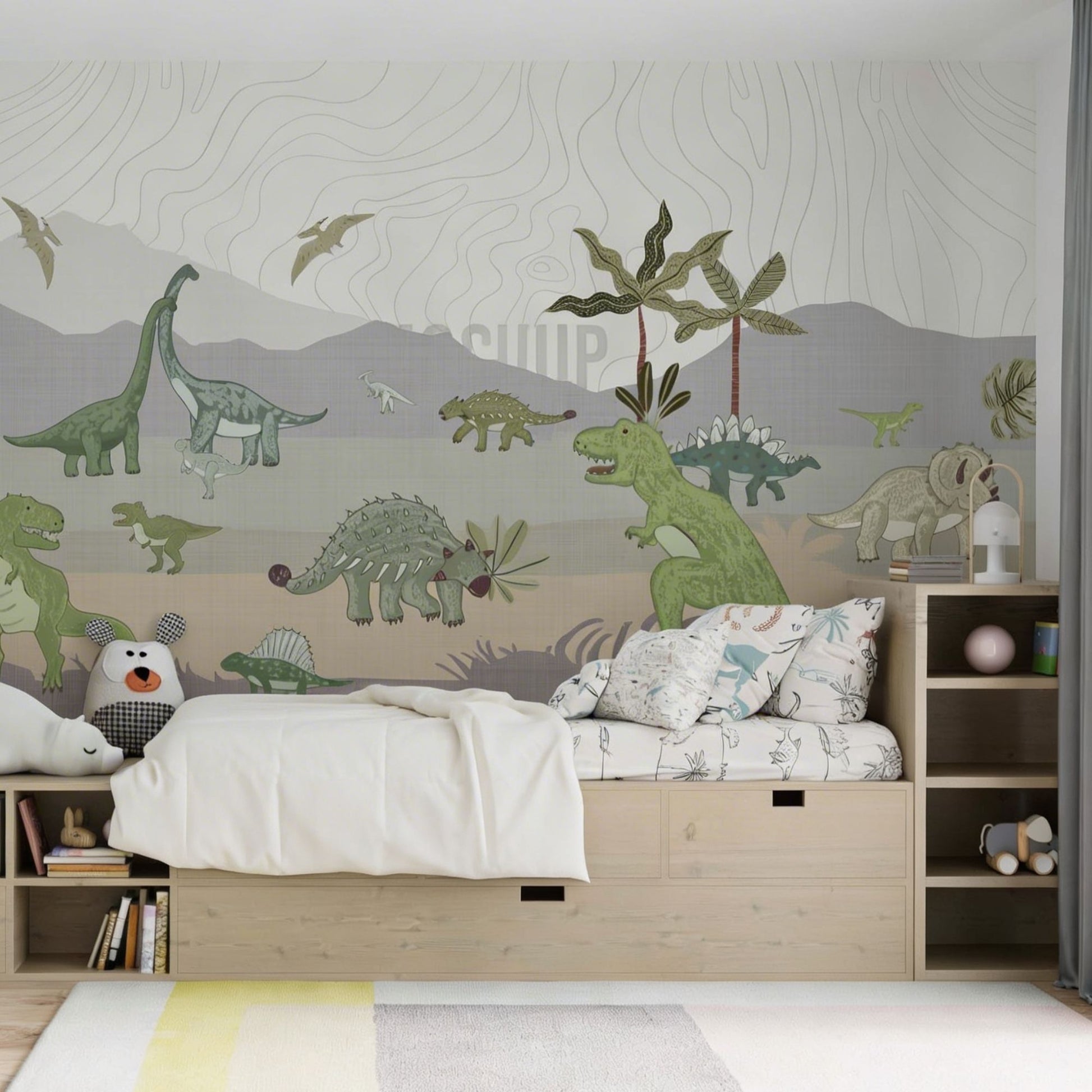 Modern kids bedroom with a dinosaur wall mural, wooden bed with built-in storage, soft bedding, and playful decor accents.